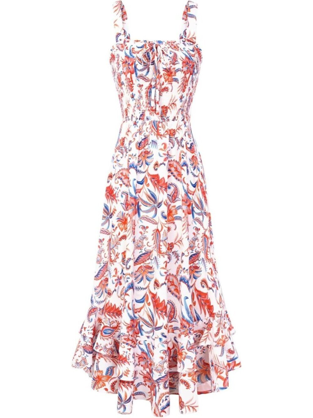〽️Women's Orange Blue Square Neck Strapped A LINE Boho Floral Long Maxi Dress